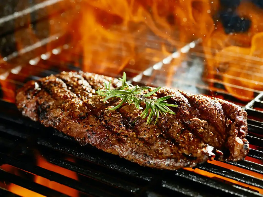 flat iron steak beign grilled engulfed in flames