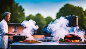 An image showcasing an outdoor cooking scene, with a sleek, modern electric smoker on one side, emitting a soft blue glow, and a traditional gas smoker on the other, surrounded by billowing plumes of smoky goodness