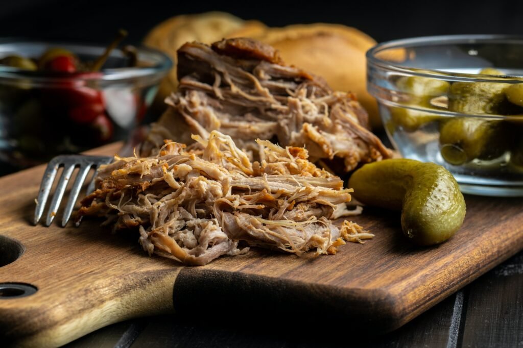 Pulled pork meat.