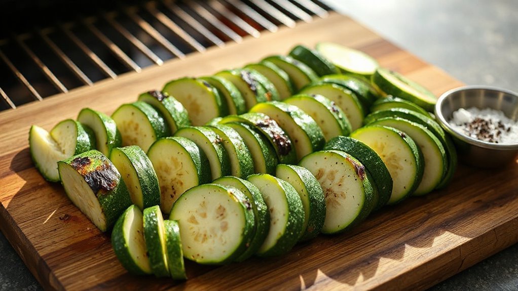 four inch long zucchini slabs charred evenly