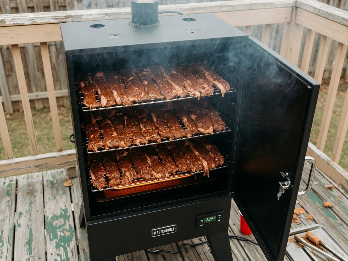 Electric smoker with beef jerky strips on racks, lightly smoking outdoors on a wooden deck