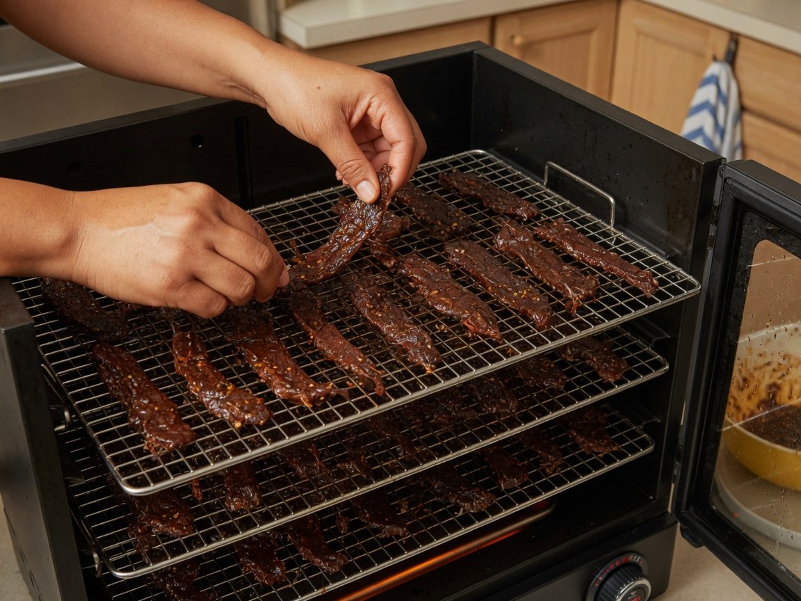 Hands arranging thin beef jerky strips in a single layer on electric smoker racks before smoking
