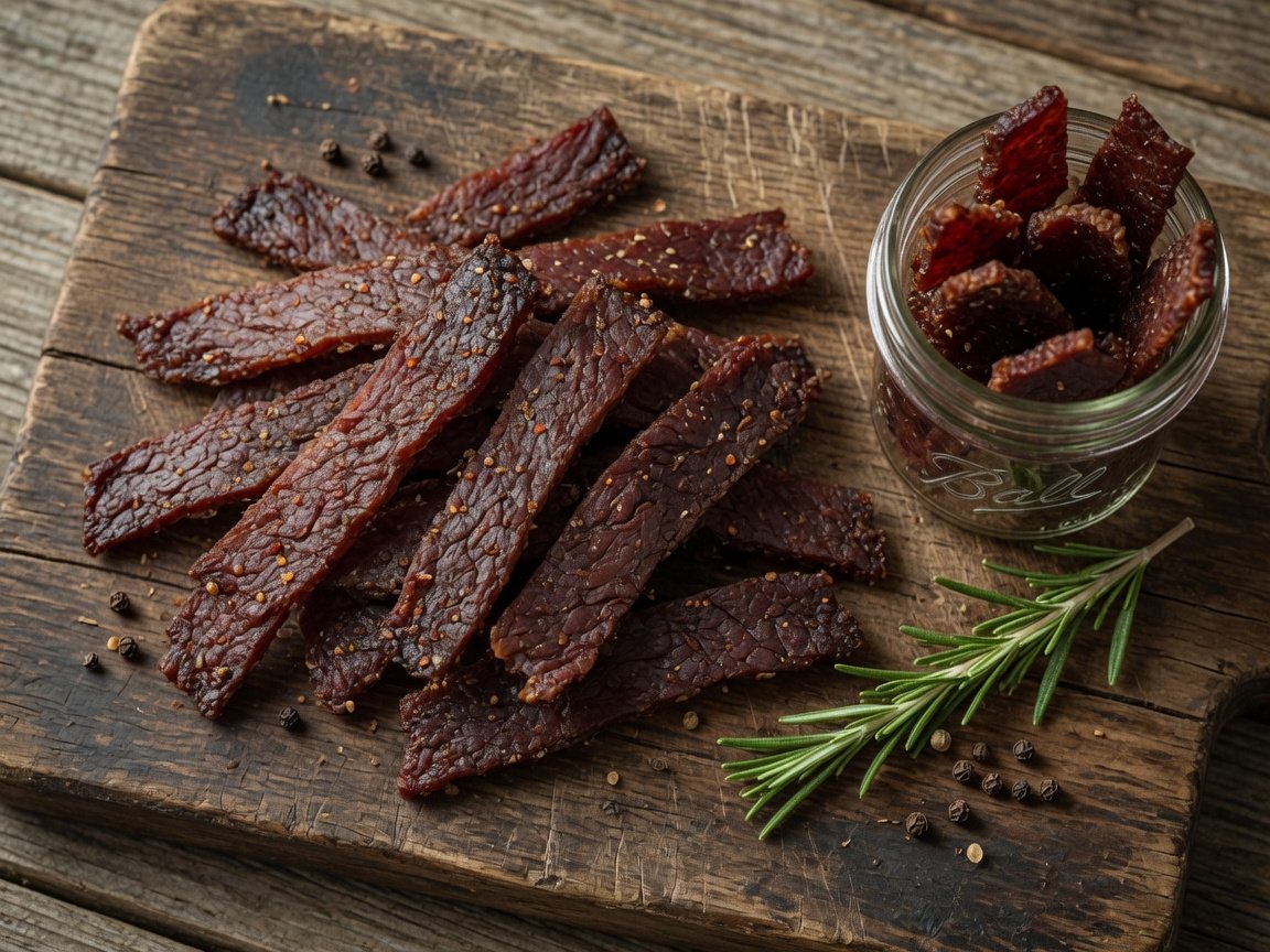 Finished homemade beef jerky strips displayed on a rustic wooden board with herbs and a glass jar