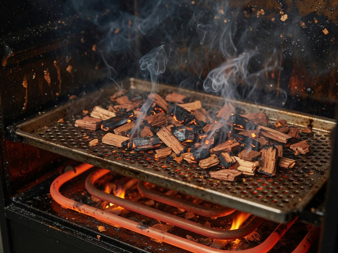 Close-up of electric smoker heating element and smoldering wood chips producing smoke inside the chamber