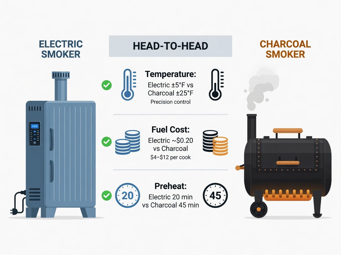 Infographic comparing electric smoker vs charcoal smoker on temperature precision, fuel cost, and preheat time