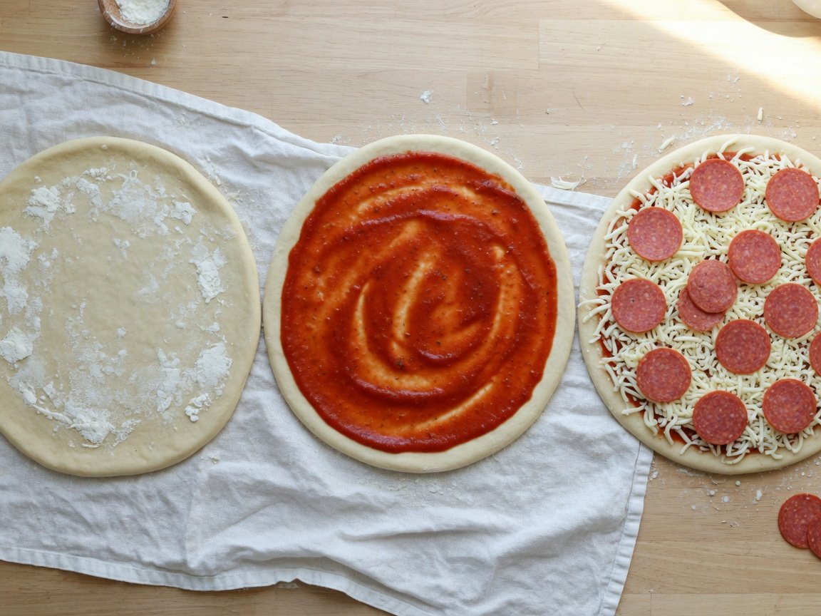 Step-by-step smoked pizza preparation — dough shaping, sauce spreading, and topping application on a wooden counter