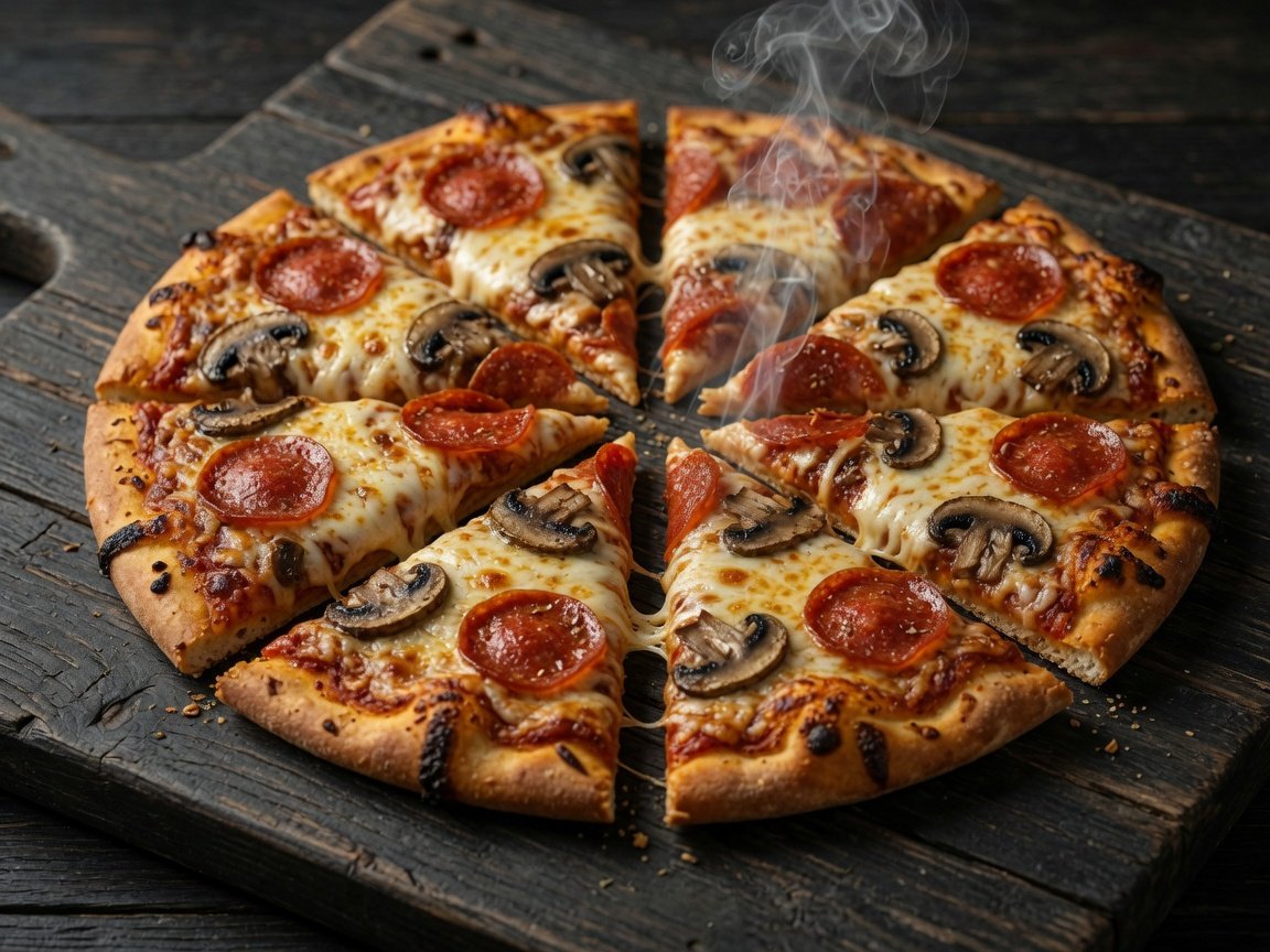 Freshly sliced smoked pizza on a dark wooden board showing crispy smoke-kissed crust edges and melted cheese