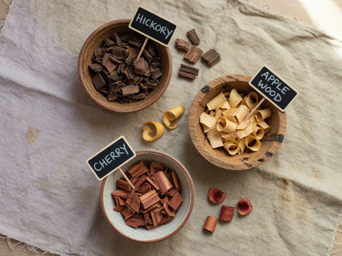 Hickory apple and cherry wood chips in bowls for smoking pizza in an electric smoker