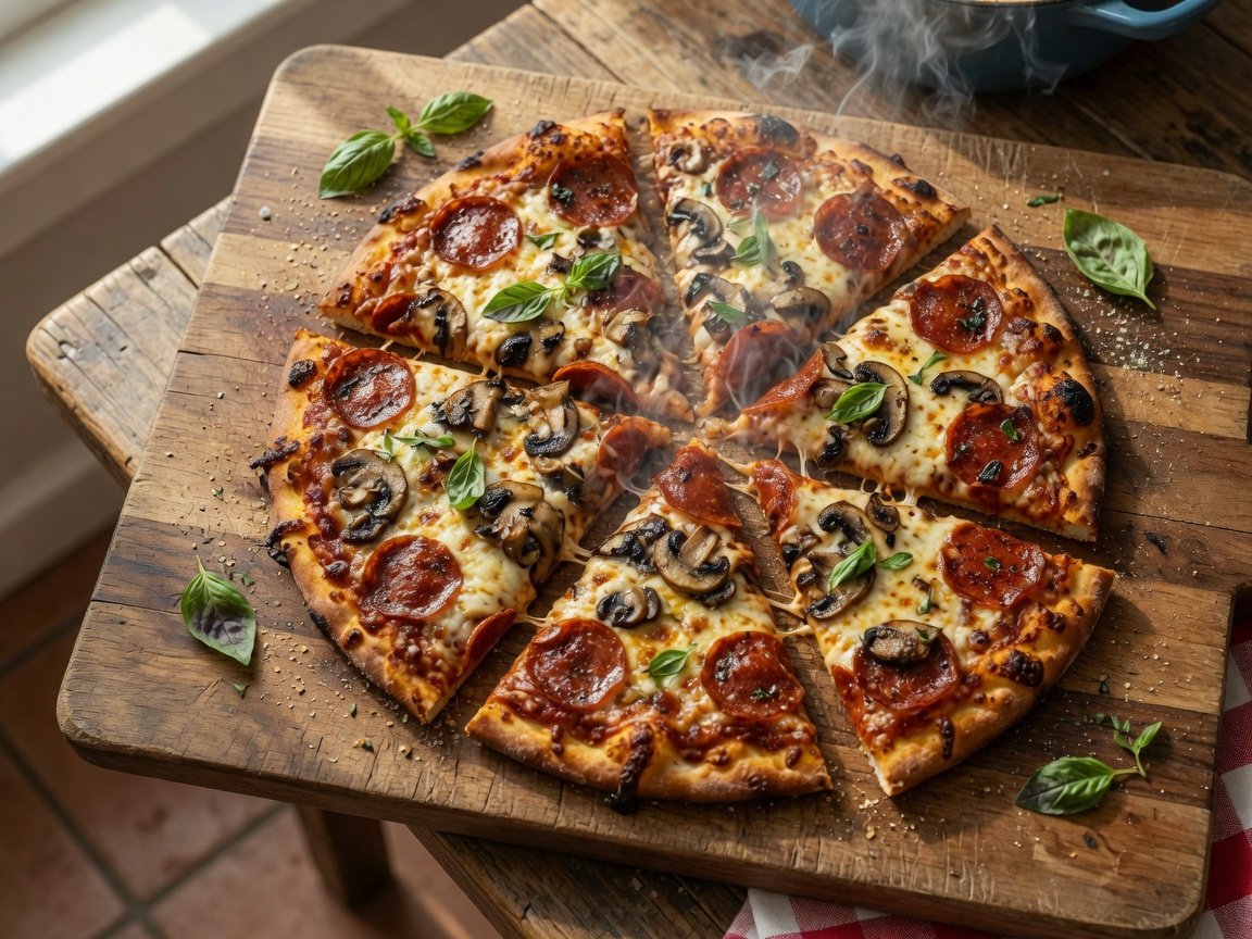 Sliced smoked pizza on rustic wooden board showing golden crust and caramelised smoky toppings